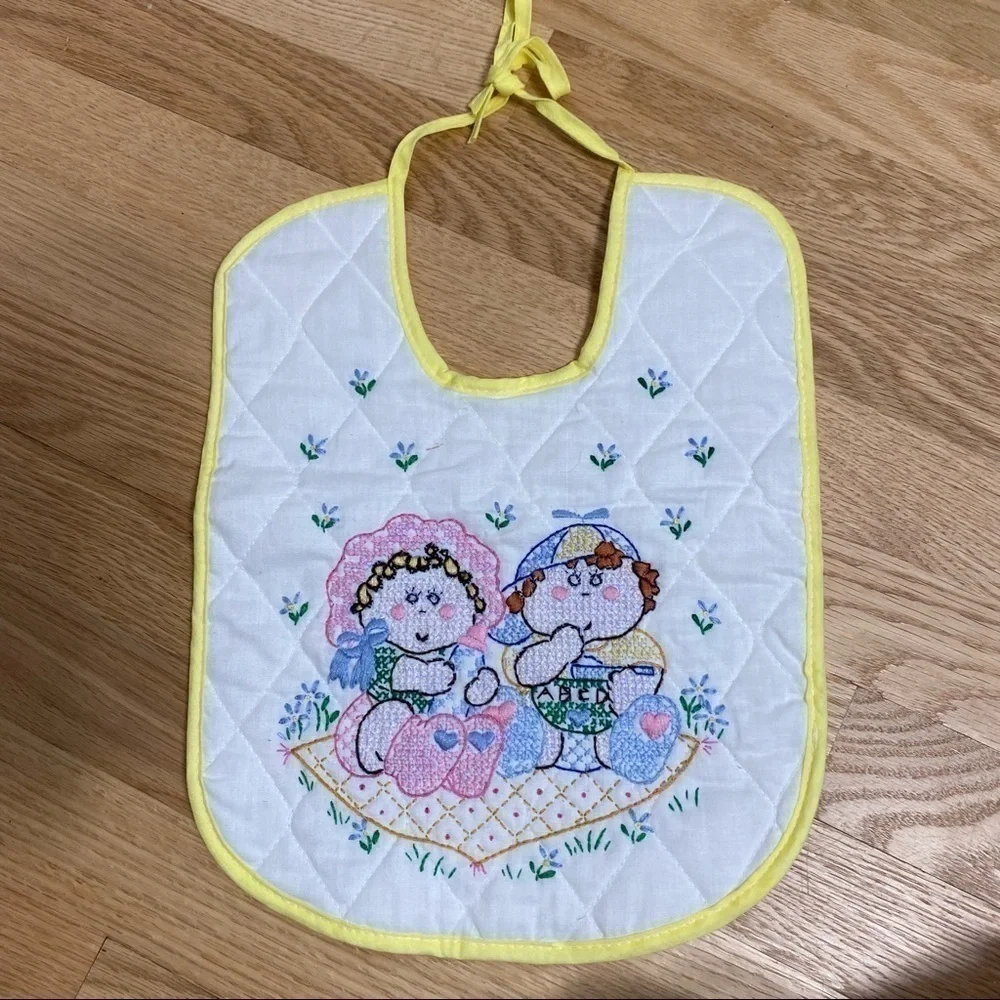 Vintage Cross Stitch Cabbage Patch Kids Baby Bib Yellow White Gender Neutral